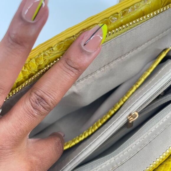 Yellow Croc Embossed Faux Leather Structured Satchel – Medium Top Handle Bag - Picture 10 of 17